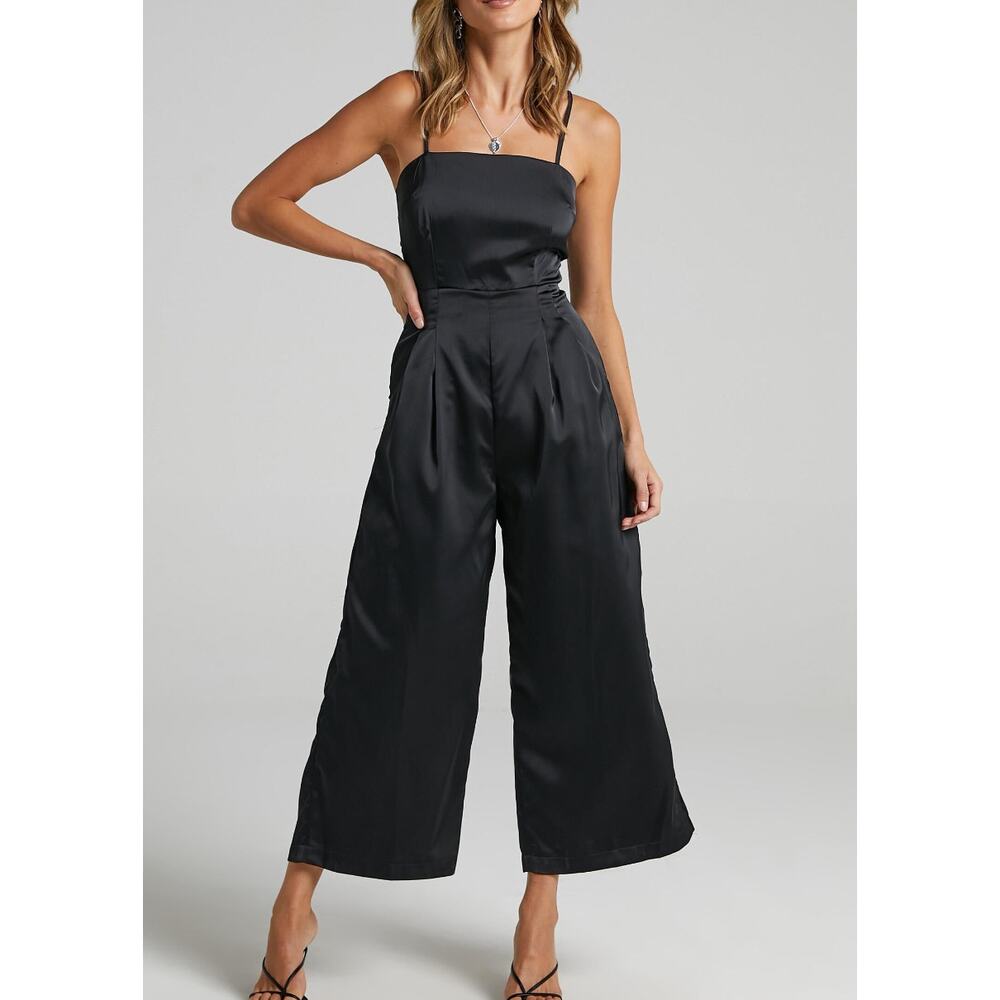 Showpo Daisy Black Satin Tie Back Sleeveless Wide Leg Jumpsuit Size 4